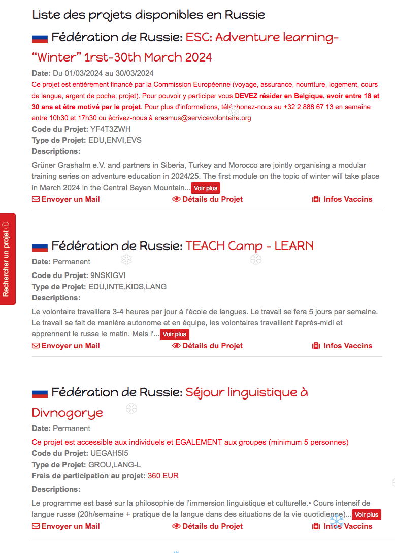 Page Internet. Volontariat en Russie. Liste des projets disponibles en Russie. 2024-01-01